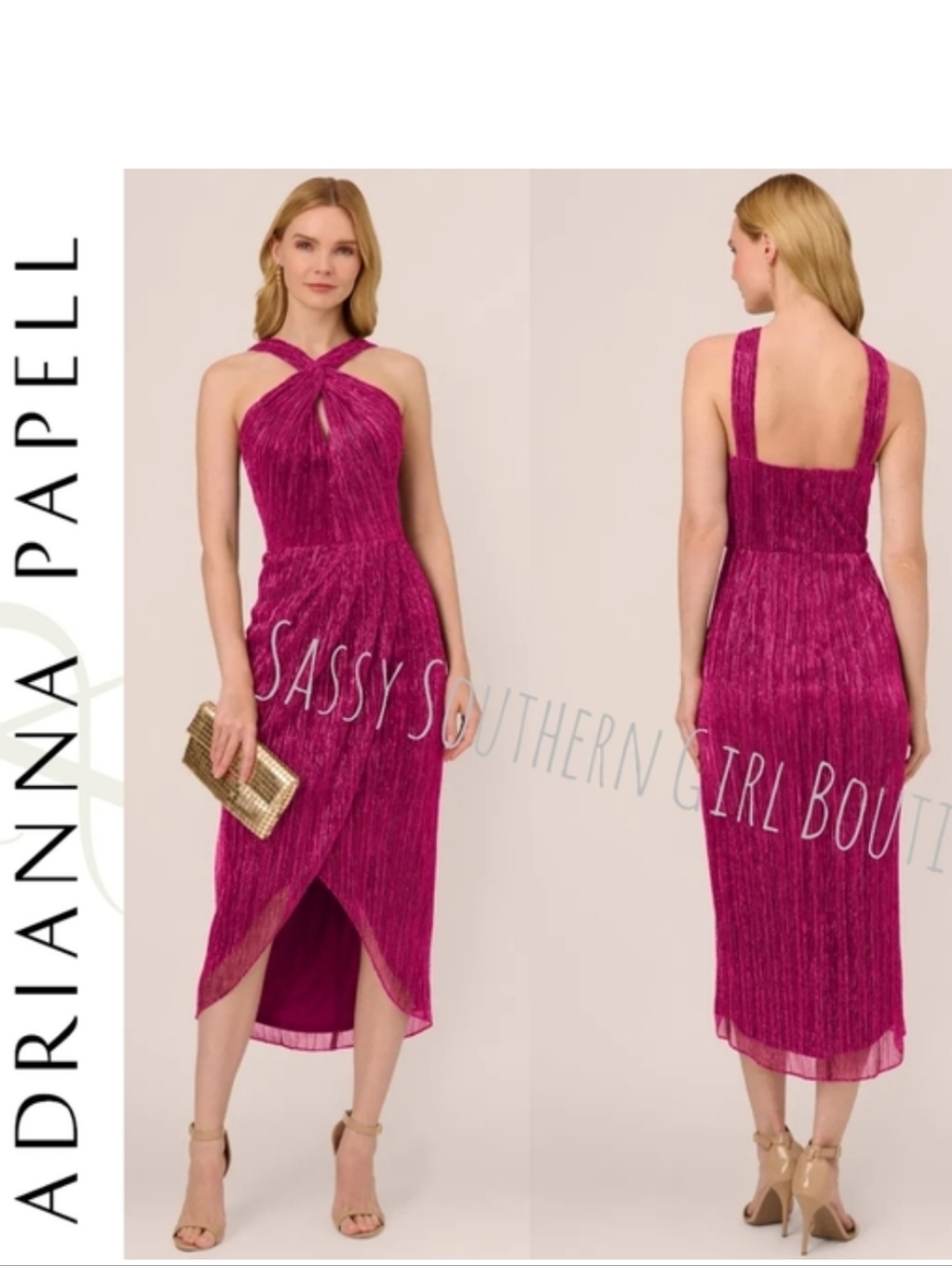 🆕⭐ Adrianna Papell Magenta Shimmer Halter Midi Dress